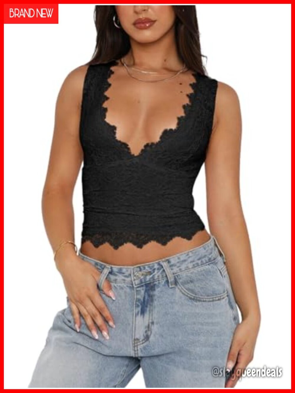 REORIA Lace Cropped Tank Top V-Neck Sleeveless Double Lined Y2K Trendy Going Out